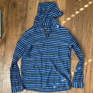 Patagonia Blue Striped Hooded Shirt with Tan Accents